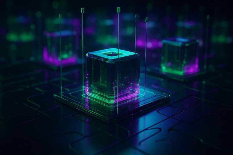 Rappresentazione digitale della blockchain nel business con blocchi luminosi verde e viola su rete tecnologica.