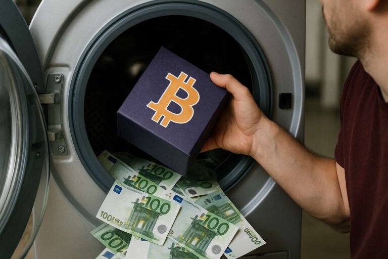 Persona inserisce una scatola con simbolo Bitcoin in una lavatrice piena di banconote da 100 euro, concetto di riciclaggio criptovalute.
