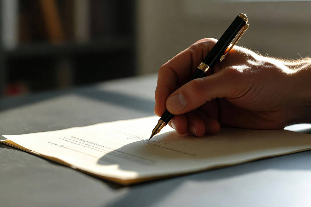 Trasparenza IA per i professionisti: mano che firma un documento contrattuale con penna stilografica, simbolo dell'obbligo informativo introdotto dalla legge 132/2025