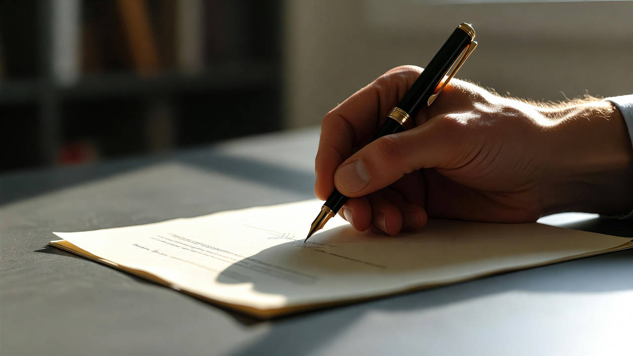 Trasparenza IA per i professionisti: mano che firma un documento contrattuale con penna stilografica, simbolo dell'obbligo informativo introdotto dalla legge 132/2025