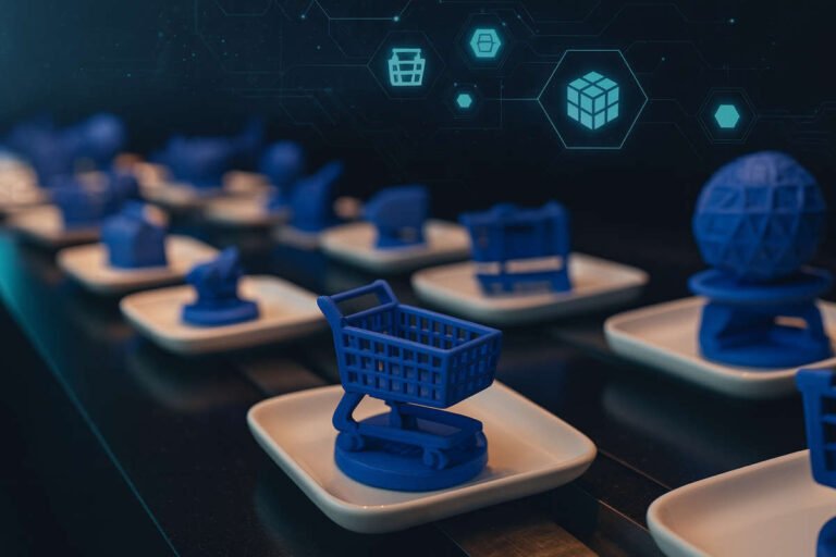 3D-printed blue objects representing applicazioni blockchain su una linea tecnologica illuminata in blu