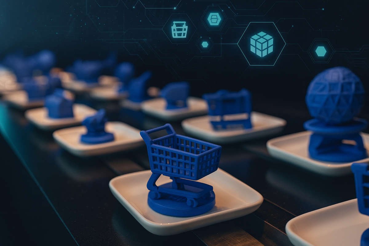 3D-printed blue objects representing applicazioni blockchain su una linea tecnologica illuminata in blu