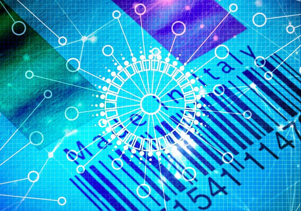Made in Italy e blockchain: codice a barre digitale con rete distribuita su bandiera italiana