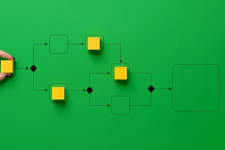 Algoritmi che assicurano: flowchart su sfondo verde con cubi gialli e mano femminile che posiziona un elemento.