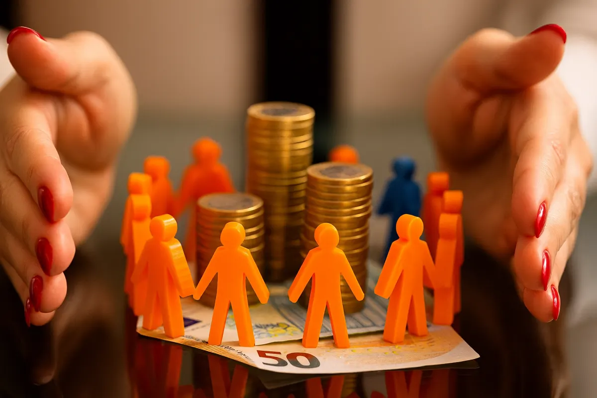 crowdlending regolamentato figure arancioni, monete ed euro protetti da mani femminili