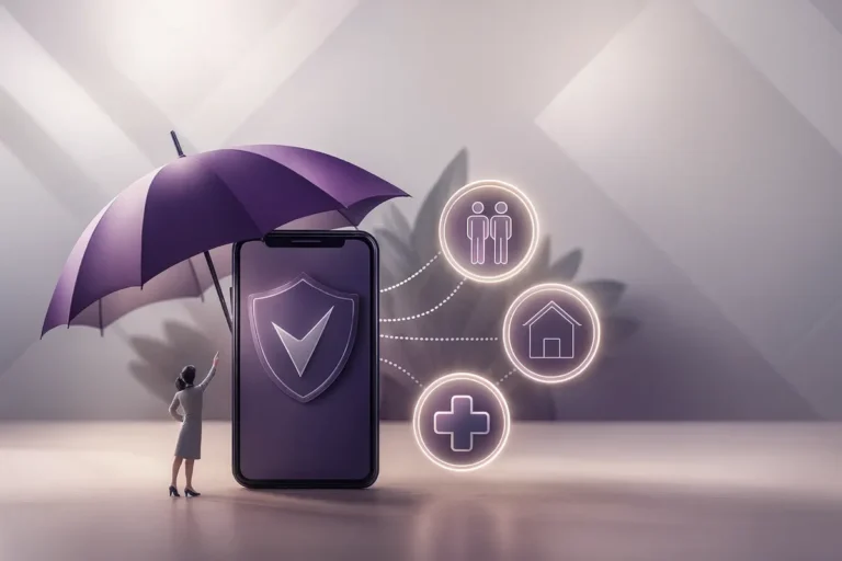 embedded insurance smartphone protetto da ombrello con icone assicurative luminose