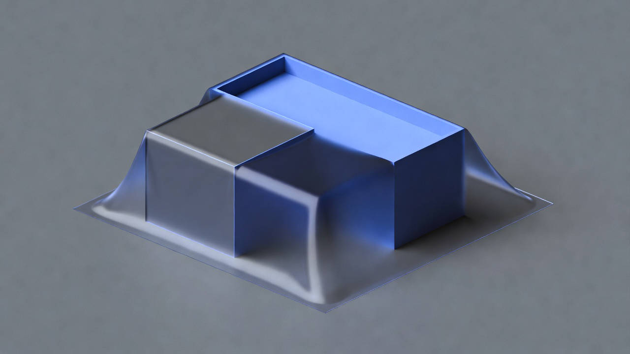 Struttura geometrica tridimensionale avvolta in uno strato protettivo trasparente: metafora visiva dell'embedded insurance come protezione integrata nei prodotti digitali