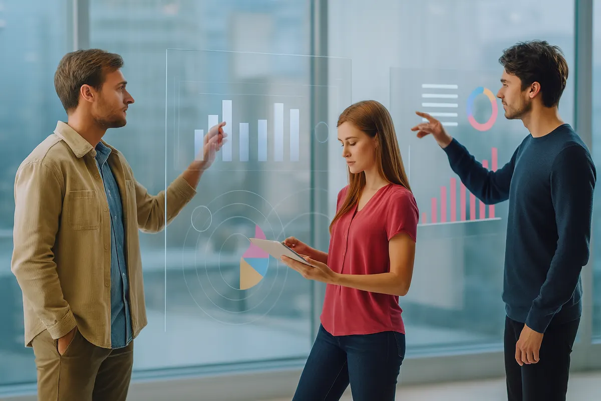 finanza aumentata con professionisti che analizzano dati finanziari su schermi digitali trasparenti.