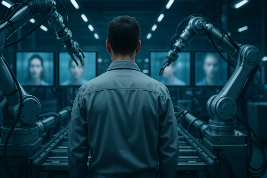 Intelligenza artificiale e futuro del lavoro in una fabbrica automatizzata con robot e un operaio osservato da schermi.