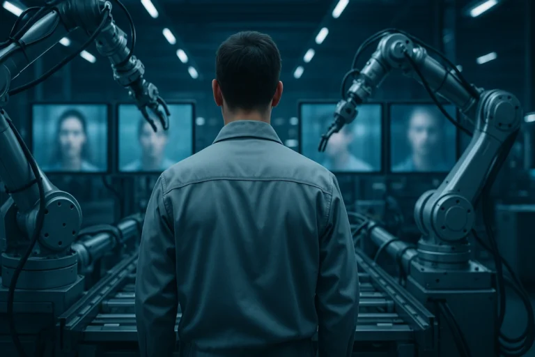 Intelligenza artificiale e futuro del lavoro in una fabbrica automatizzata con robot e un operaio osservato da schermi.