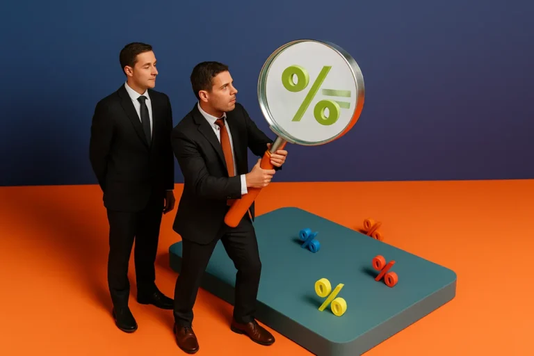 Lending digitale, due professionisti analizzano con una lente d’ingrandimento simboli percentuali su sfondo blu e arancio.