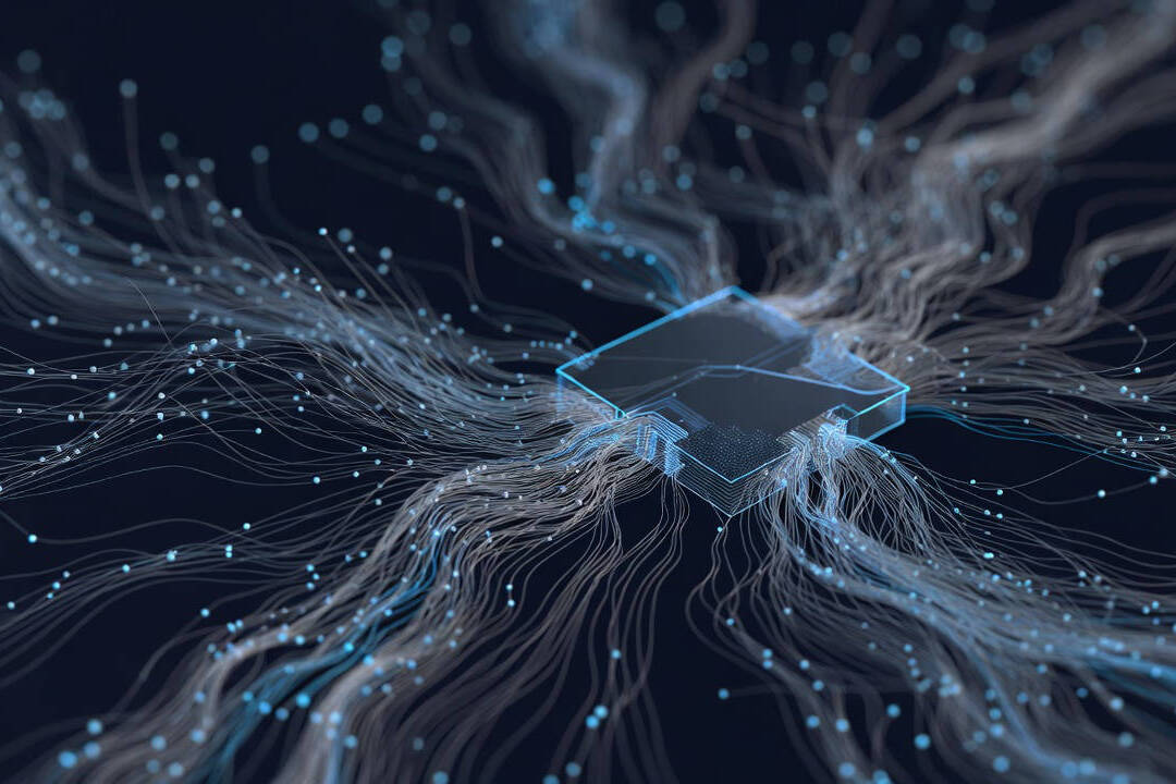 Flussi di dati digitali convergono su un nodo centrale luminoso: rappresentazione visiva del lending digitale e della valutazione del rischio basata sui dati