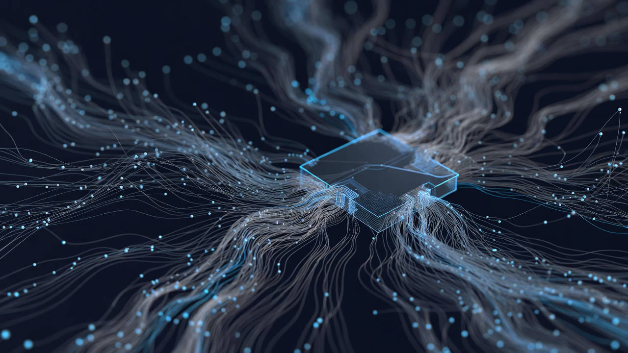 Flussi di dati digitali convergono su un nodo centrale luminoso: rappresentazione visiva del lending digitale e della valutazione del rischio basata sui dati