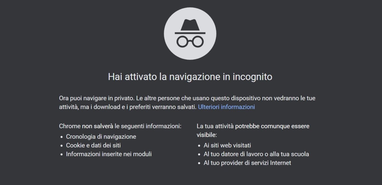 Navigazione in incognito su Google Chrome con messaggio informativo sulla privacy.