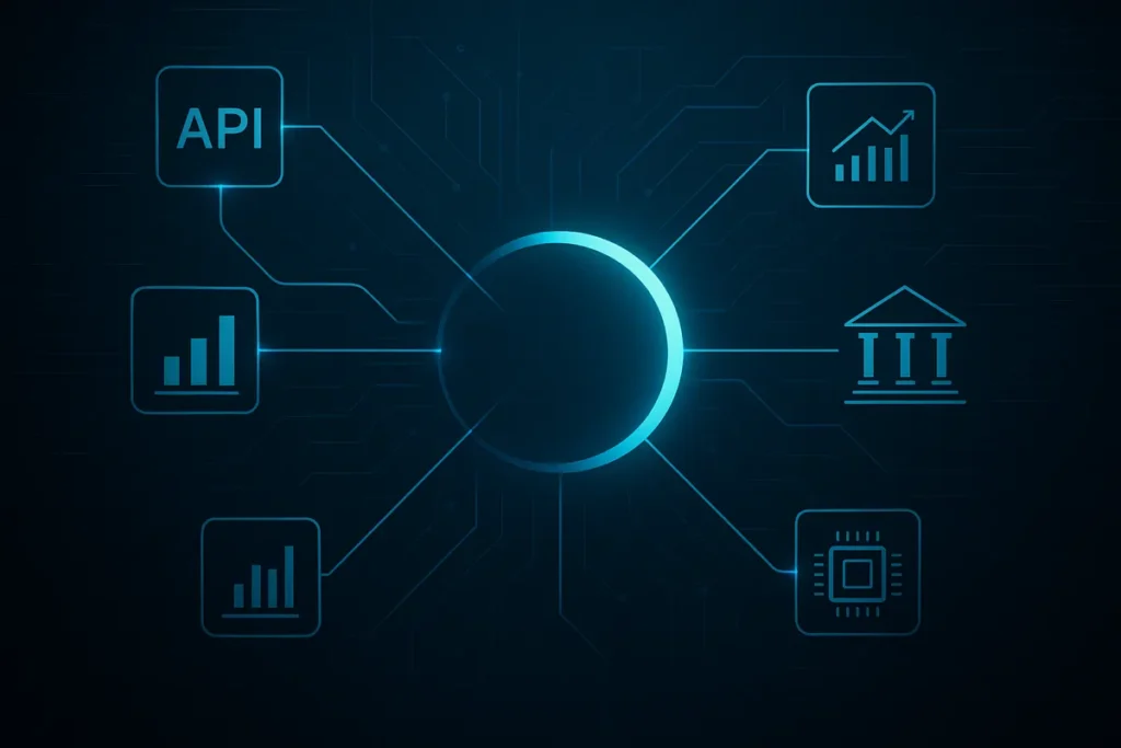 open banking rete digitale con icone finanziarie connesse e cerchio luminoso centrale