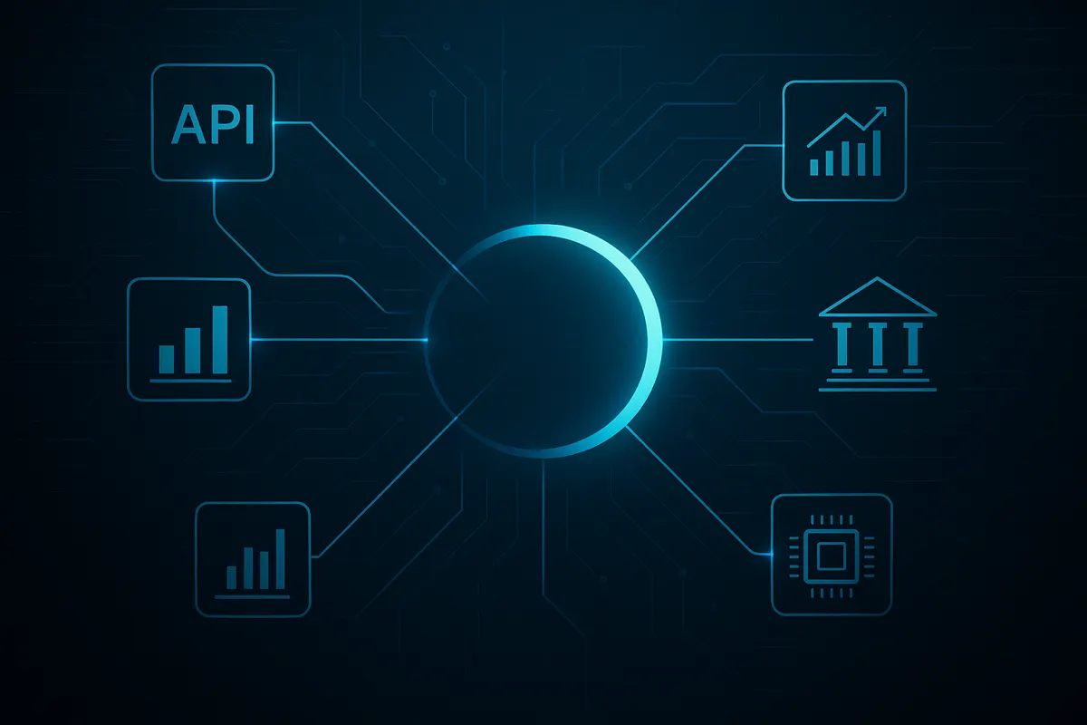 open banking rete digitale con icone finanziarie connesse e cerchio luminoso centrale