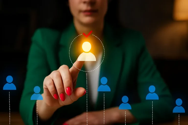 La privacy non esiste più: donna seleziona profilo utente illuminato tra icone digitali interconnesse