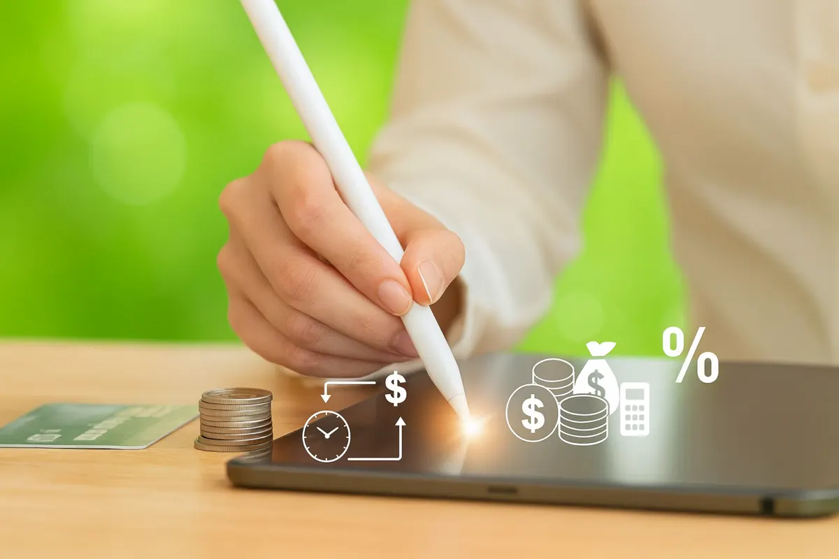 Tokenizzazione del valore: mano di una donna che usa uno stylus su tablet con icone finanziarie.