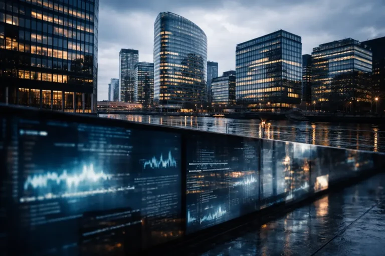 Bolla AI Europa, distretto finanziario europeo al crepuscolo con schermi digitali e dati instabili riflessi su superfici vetrate.