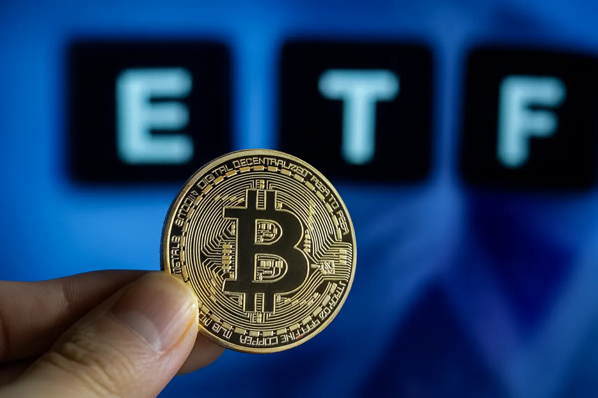 ETF e blockchain: mano che tiene una moneta Bitcoin con la scritta ETF sullo sfondo blu.
