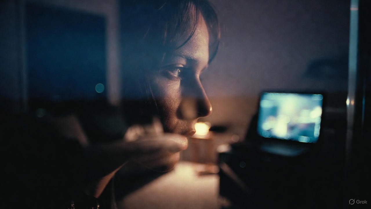 intimità digitale AI, volto di una persona riflesso in una finestra mentre osserva uno schermo luminoso in un ambiente domestico notturno