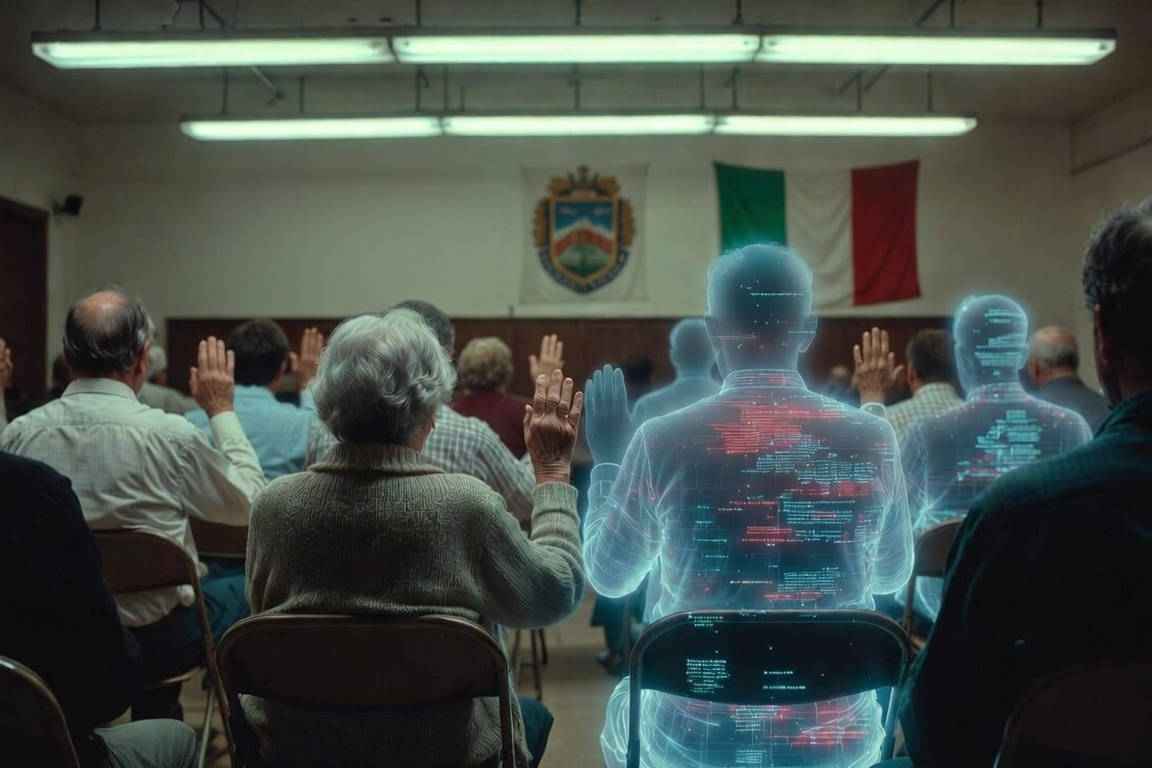Bot AI e democrazia: figure digitali translucide alzano la mano per votare accanto a cittadini reali in un consiglio comunale.