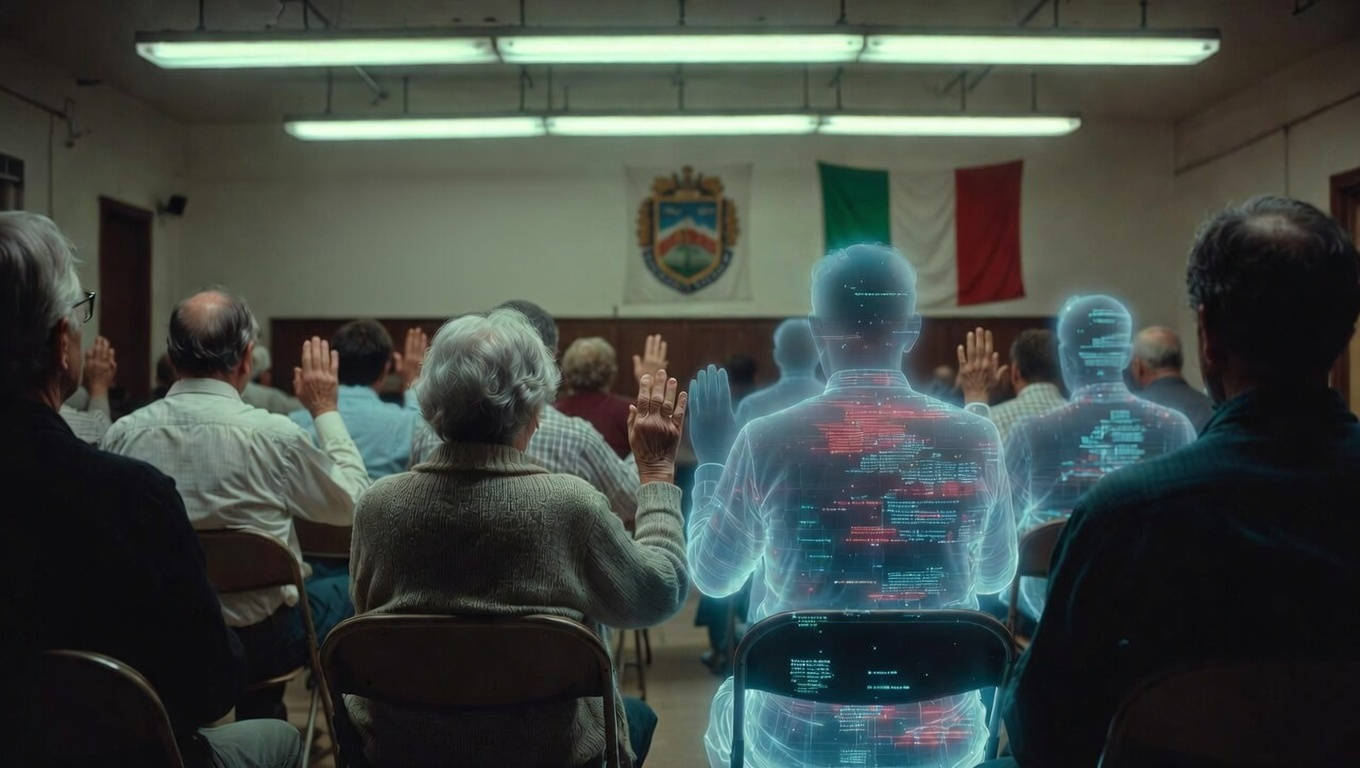 Bot AI e democrazia: figure digitali translucide alzano la mano per votare accanto a cittadini reali in un consiglio comunale.