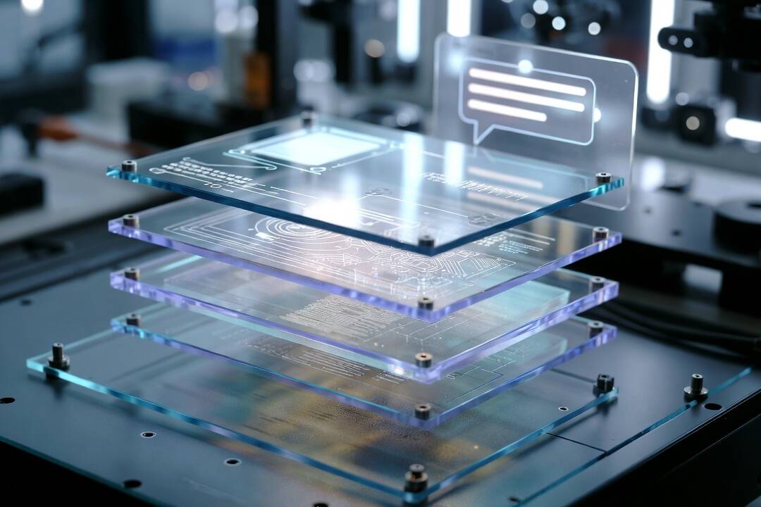 Come funzionano davvero i chatbot AI: rappresentazione fotografica di uno stack tecnologico a più livelli in vetro sovrapposti, che simboleggia modello, allineamento e strumenti di un sistema AI.