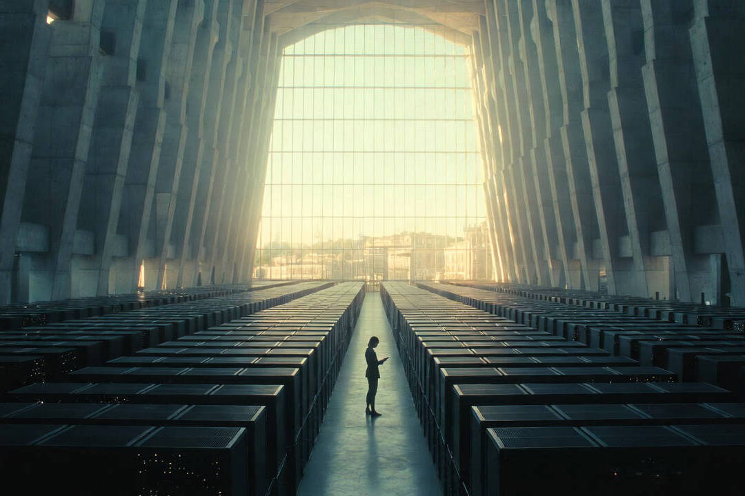 Ritardo nella intelligenza artificiale: figura solitaria in un immenso data center europeo vuoto e spento, simbolo del divario infrastrutturale del continente