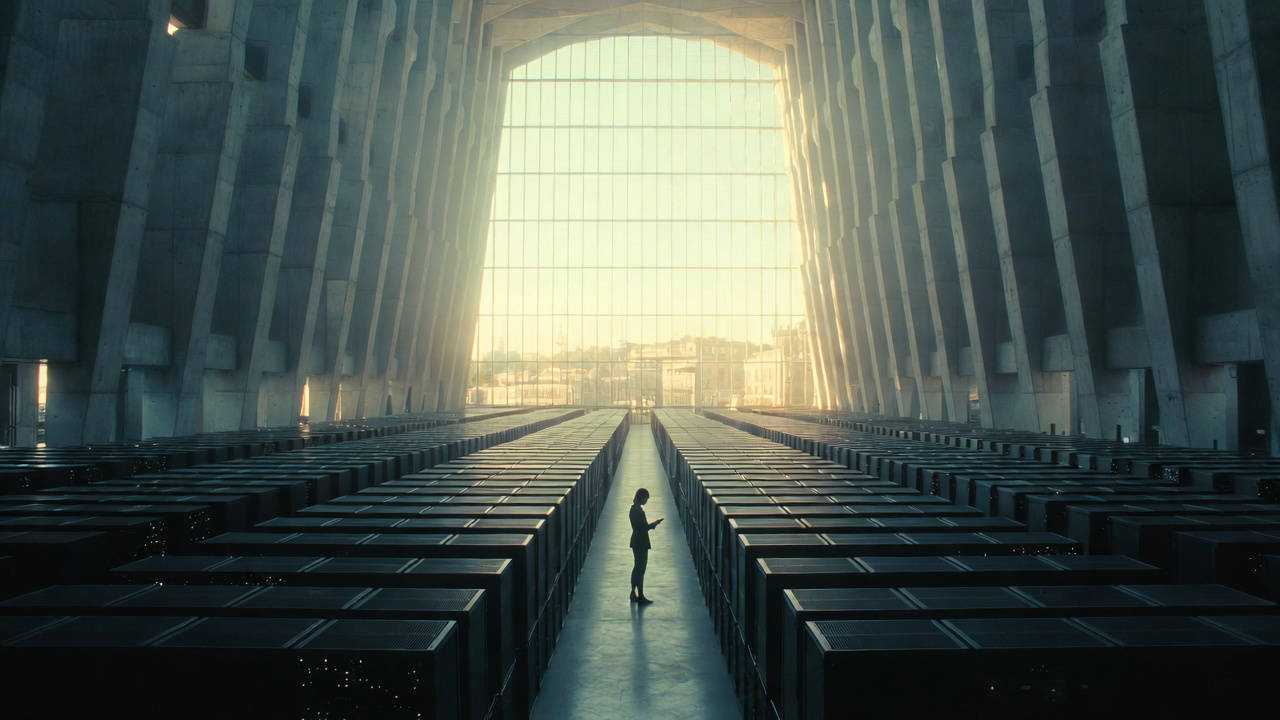 Ritardo nella intelligenza artificiale: figura solitaria in un immenso data center europeo vuoto e spento, simbolo del divario infrastrutturale del continente