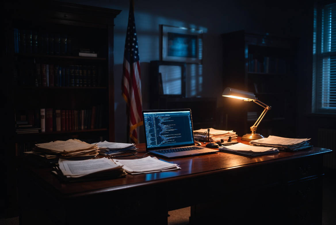 Cyber warfare and national security: laptop open on government desk with classified folders lit by screen glow.