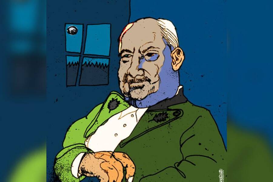 Heidegger e l'economia. tecnologica: ritratto illustrato del filosofo in stile fumetto, colori blu e verde, finestra notturna sullo sfondo.