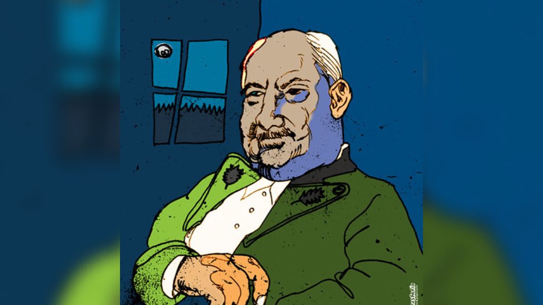 Heidegger e l'economia. tecnologica: ritratto illustrato del filosofo in stile fumetto, colori blu e verde, finestra notturna sullo sfondo.