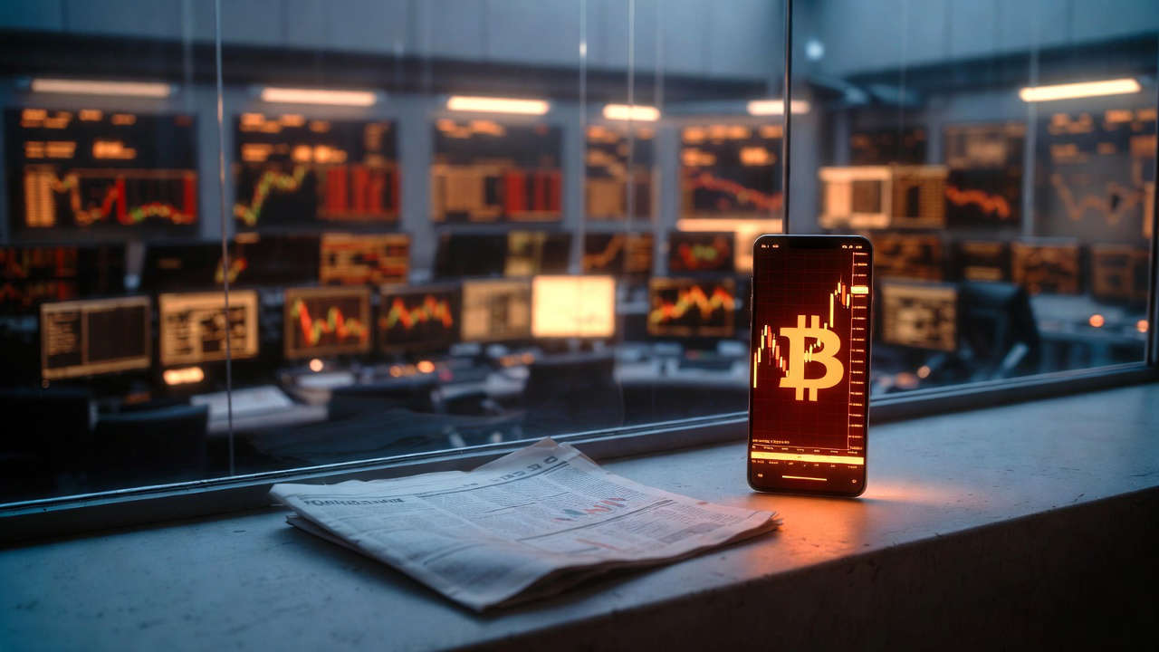 Bitcoin analisi obiettiva: smartphone con grafico e giornale finanziario su davanzale di trading floor istituzionale.