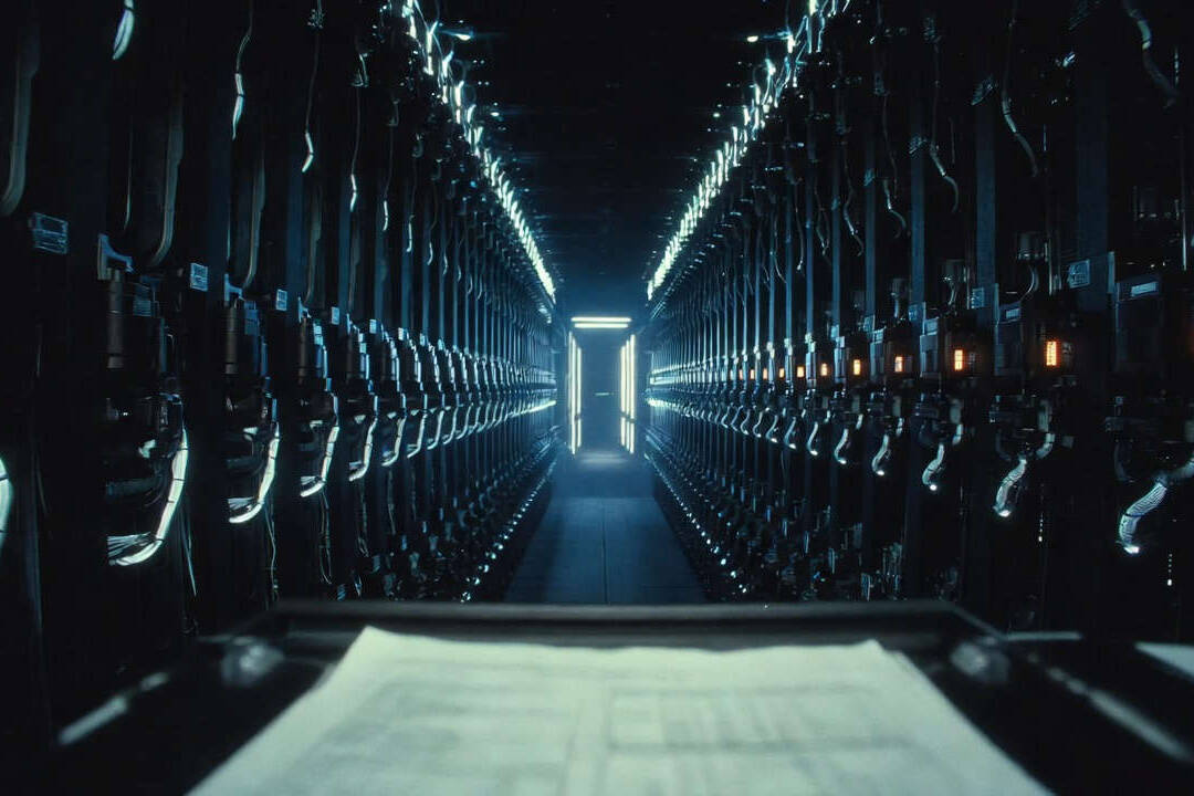 Concentrazione AI nei mercati finanziari: corridoio di server rack in un data center industriale con documento cartaceo in primo piano