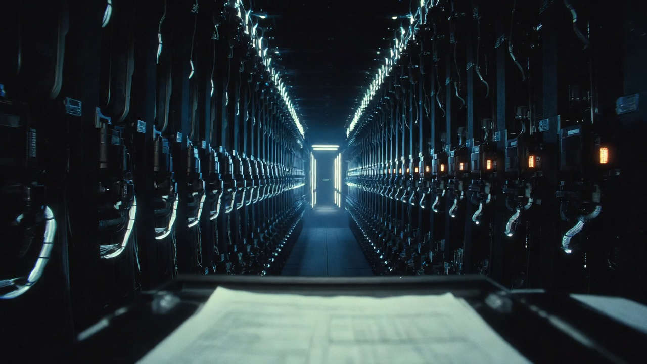 Concentrazione AI nei mercati finanziari: corridoio di server rack in un data center industriale con documento cartaceo in primo piano