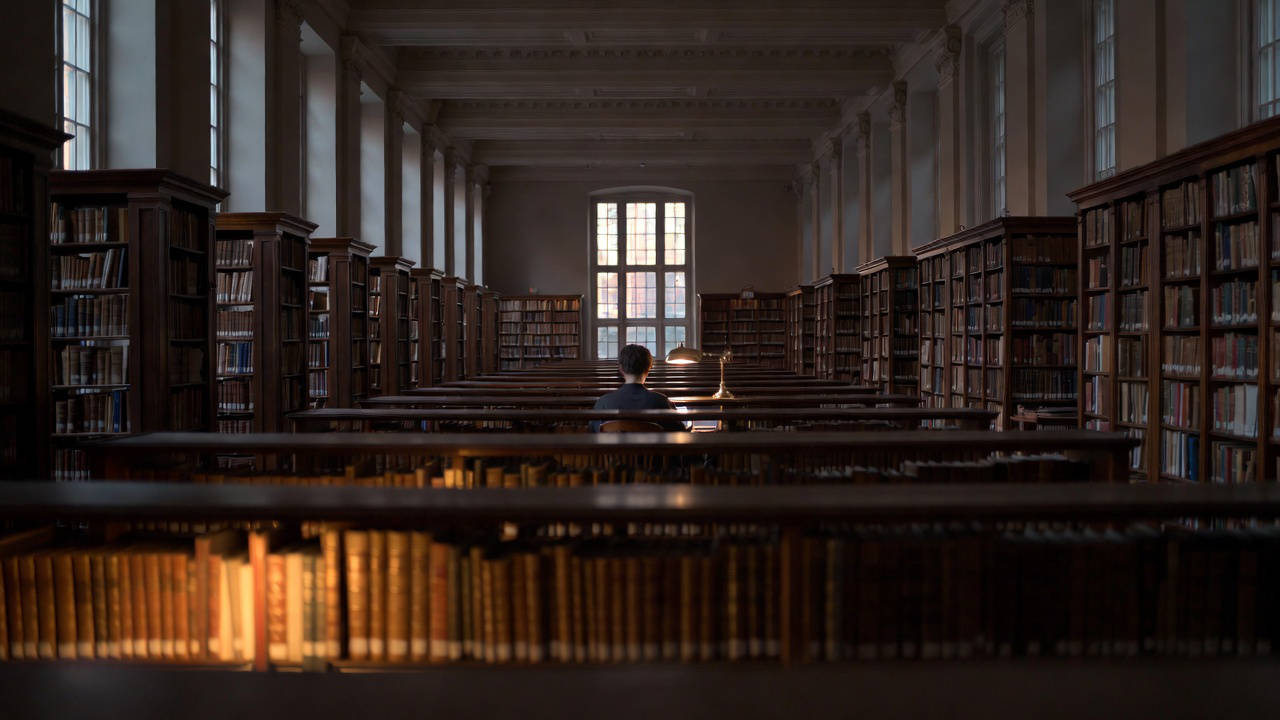 Intelligenza artificiale e università: studente solo in una biblioteca storica illuminata da una lampada ottone