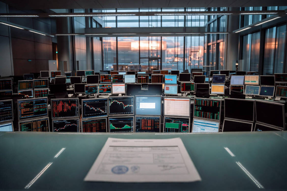 Intelligenza artificiale nel credito: trading floor deserto al crepuscolo con schermi Bloomberg e documento di finanziamento in primo piano