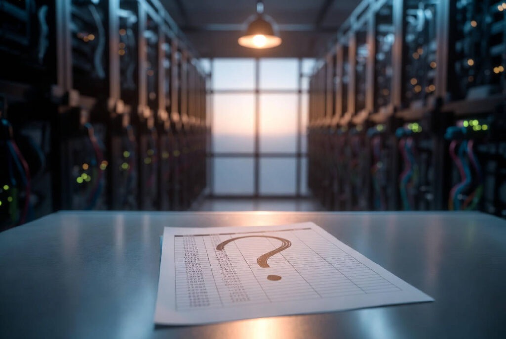 Semantic layer assente nell'AI enterprise: foglio di dati con punto interrogativo in un data center