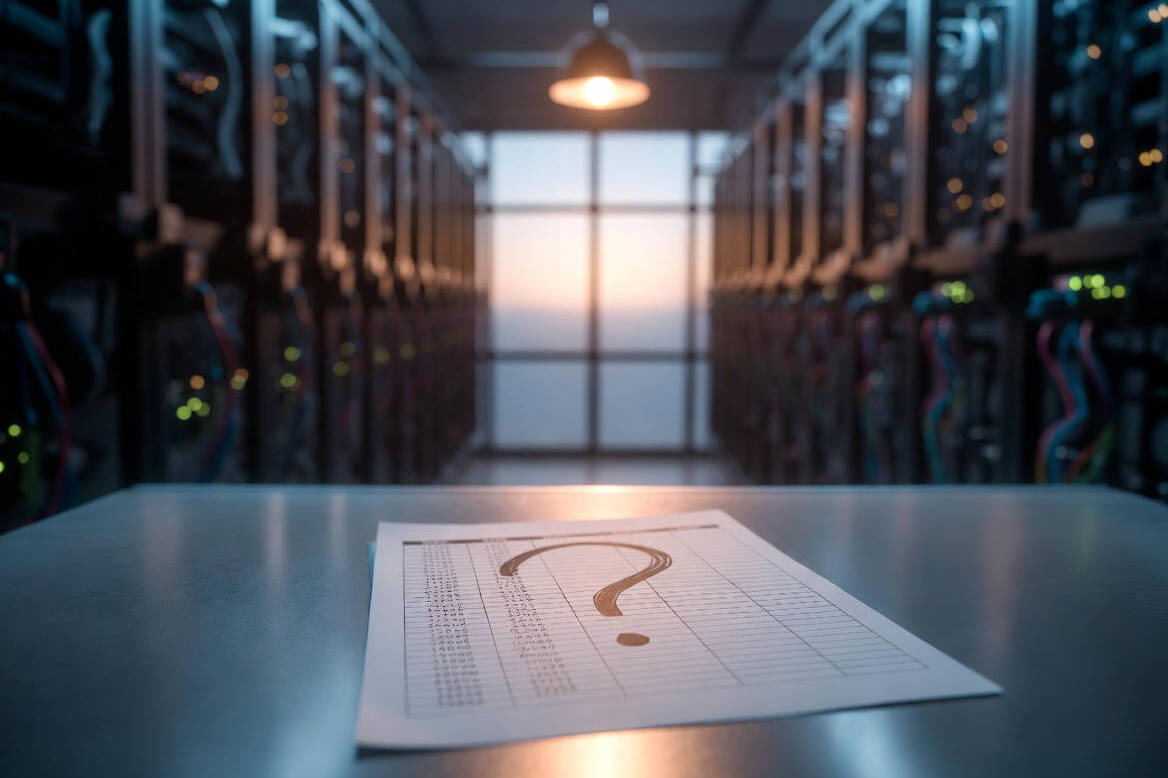 Semantic layer assente nell'AI enterprise: foglio di dati con punto interrogativo in un data center