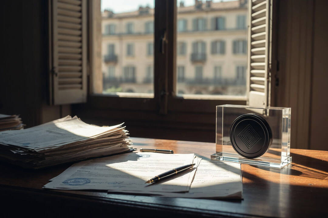 Tokenizzazione degli asset reali: token fisico su supporto acrilico accanto a documenti legali timbrati e penna stilografica su scrivania notarile con finestra aperta su palazzo europeo.