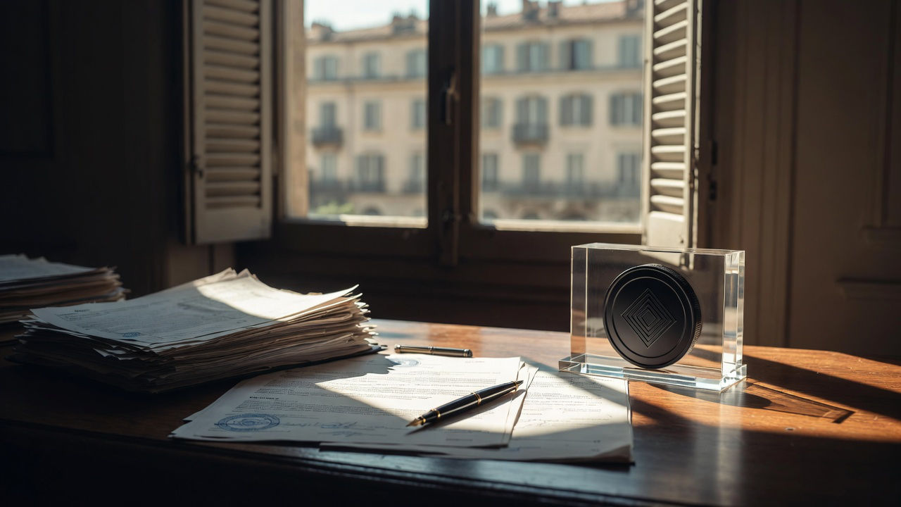 Tokenizzazione degli asset reali: token fisico su supporto acrilico accanto a documenti legali timbrati e penna stilografica su scrivania notarile con finestra aperta su palazzo europeo.
